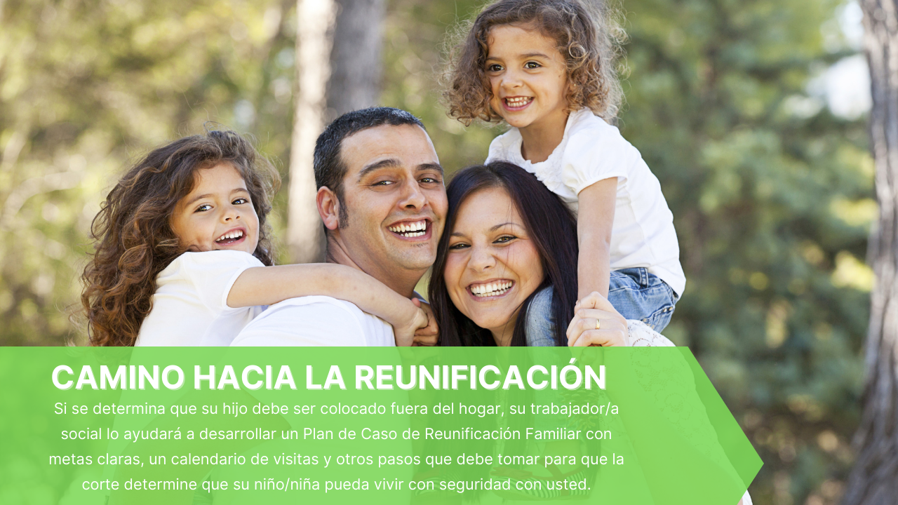 Si se determina que su hijo debe ser colocado fuera del hogar, su trabajador/a social lo ayudará a desarrollar un Plan de Caso de Reunificación Familiar con metas cleras, un calendario de visitas y otros pasos que debe tomar para que la corte determine que su niño/niña pueda vivir con seguridad con usted.